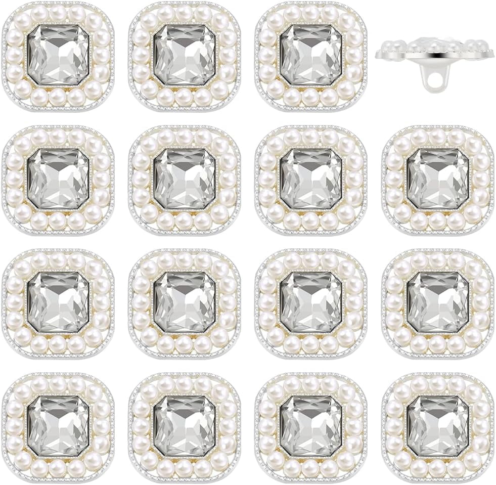 16 Pcs Square Clear Rhinestone Pearl Buttons 0.8