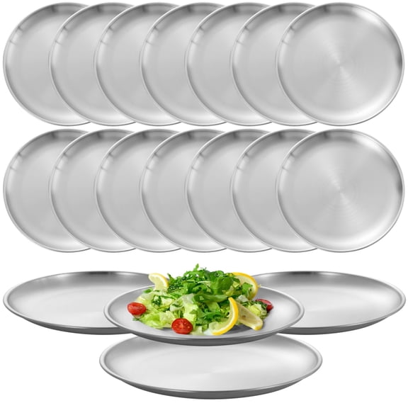 16 Pcs Stainless Steel Dinner Plates,9.1 Inch Reusable Brushed Metal Plates,Round Dinner Dishes, Serving Plates for Main Dishes, Unbreakable Kitchenware, Dishwasher Safe