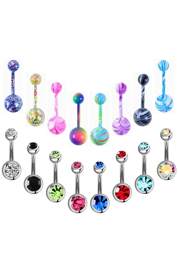 16 Pcs Stainless Steel Double Rhinestone Belly Button Color Navel Ring Set