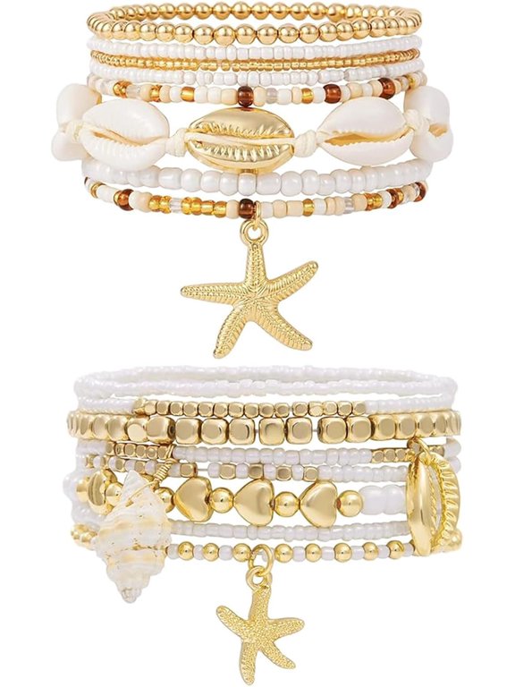 16 Pcs Summer Beach Bracelets For Women, Boho Beaded Bracelet, Stackable Shell Seashell Starfish Beaded Stretch Surfer Ankle Bracelets Set, For Summer Beach Vacation Party