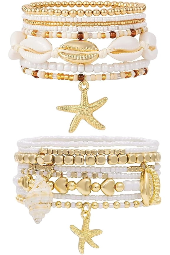16 Pcs Summer Beach Bracelets For Women, Boho Beaded Bracelet, Stackable Shell Seashell Starfish Beaded Stretch Surfer Ankle Bracelets Set, For Summer Beach Vacation Party