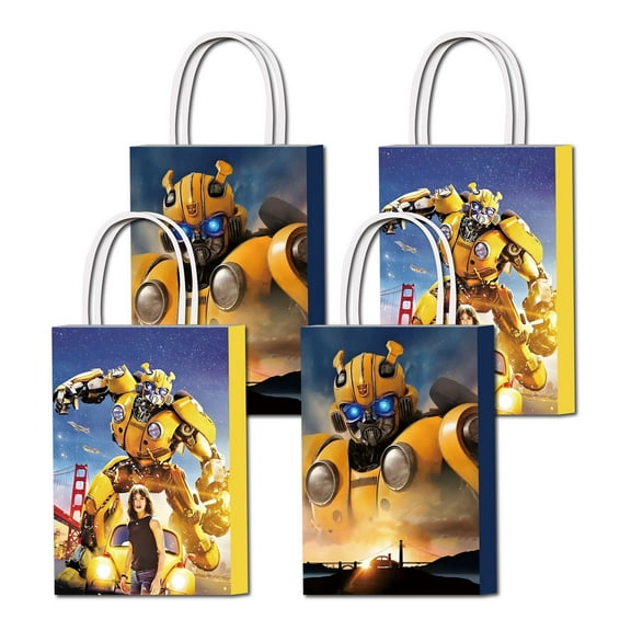 16 Pcs For Transformers Movie For Bumblebee Cartoon,Themed Party Bag,2 Styles Paper Gift Bags with Handles Perfect for Candy,Gifts,and Birthday Party Decorations for Boys Girls Celebrations