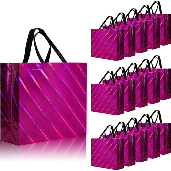 16 Pcs Unique Dazzling Hot Pink Reusable Gift Bags with Handles & Bases, Shiny Non-woven Holiday Goodie Bags Bulk for Birthday, Wedding, Party- 12.6x4.7x11 In