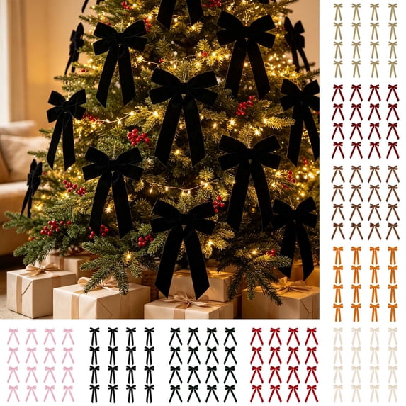 16 Pcs Velvet Christmas Bows Ornaments, Black Long Tail Ribbon Bows for Christmas Tree, Wreath, Garland & Gift Wrap Decor