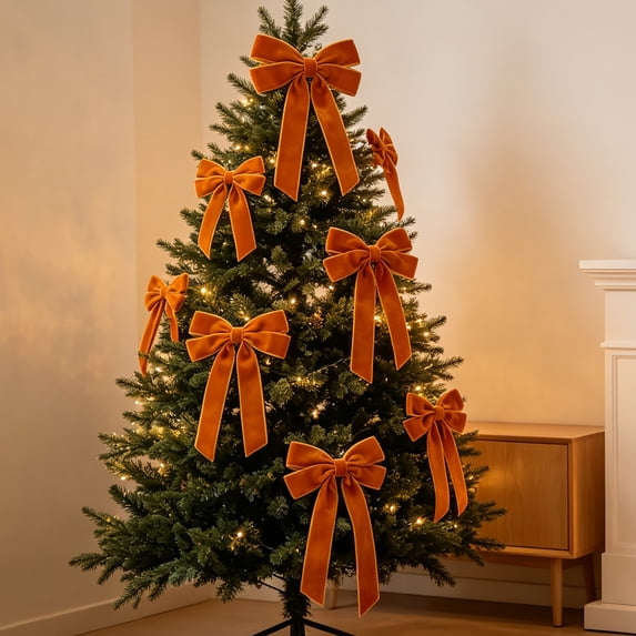 16 Pcs Velvet Christmas Bows Ornaments, Orange Long Tail Ribbon Bows for Christmas Tree, Wreath, Garland & Gift Wrap Decor