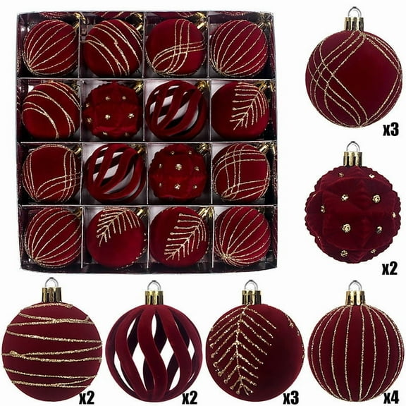 16 Pcs Velvet Christmas Ornaments Balls, 2.36" Flocked Christmas Tree Ball with Gold Thread, Shatterproof Xmas Tree Ball Hanging Ornaments for Holiday Wedding Party Decor