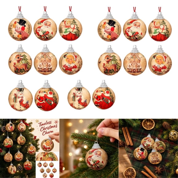 16 Pcs Vintage Christmas Ornaments Retro Style 3.15 Inch Balls Retro Santa Snowman Gingerbread House Prints, Shatterproof Balls with Gold Hangers, For Tree Fireplace Decor, Holiday Party Theme