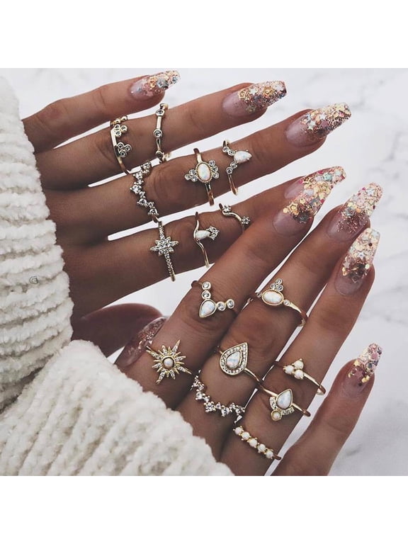 16 Pcs Vintage Crystal Ring Set Silver Knuckle Rings for Women Bohemian Stackable Joint Rings Retro Boho Stacking Joint Finger Rings Pack