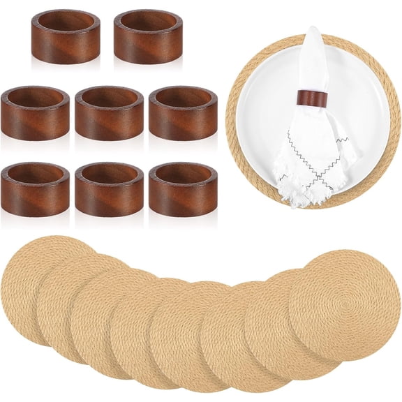 16 Pcs Wedding Table Supplies Round Woven Placemats 11.8 '' Wooden Napkin Rings Braided Dining Natural Table Mats Weddings Dinner Parties Kitchen Centerpieces Tabletop Decoration
