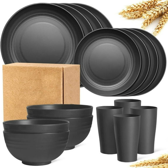 16 Pcs Wheat Straw Dinnerware Set,Plates and Bowls Set,Camping Dish , Plastic Dinnerware Set,Dishwasher Safe Dinnerware Set, Unbreakable Plates,Camping Dish Sets