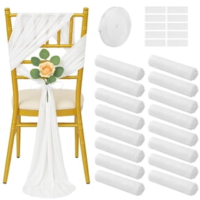 16 Pcs White Chair Sashes, Sheer Polyester Chair Bow Sashes, Long Aisle Decorations with Ribbon & Adhesive Tapes, Tulle Chair Drapes for Weddings, Banquets, Churches, 7.3"9ft