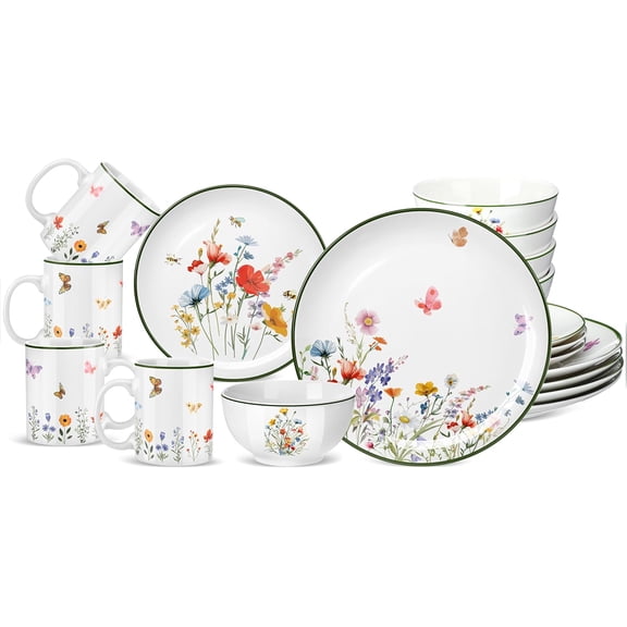 16 Pcs Wildflower Ceramic Dinnerware Set for 4 Guest Floral Dish Set Spring Butterfly Dinner Plates Salad Plates Bowl Mug Kitchen Gift for Spring Kitchen Holiday Party Decoration