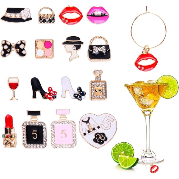 16 Pcs Wines Glass Charm for Women Girl, Drink Markers for Stem Glasses, Wine Charms with Identifier Tags, Glass Charm for Party Bar Wedding Birthday Valentines Decorations Gift