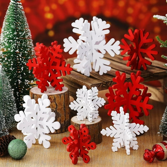 16 Pcs Winter Wooden Snowflake Decor Christmas Winter Snowflake Tabletop Decorations 3D Snow Table Signs Standing Centerpiece Tiered Tray Decorations for Party(White,Pink)