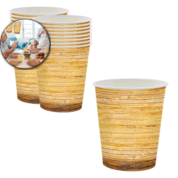 16 Pcs Wood Grain Disposable Cups Checkered Paper Coffee Hot Cold Beverage Chocolate Tea Coffee Cups for Home Travel Office Cafe Restaurant Party