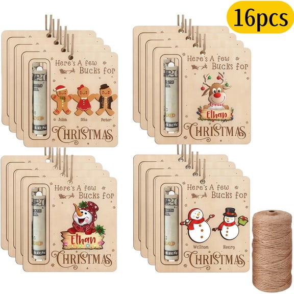 16 Pcs Wooden Christmas Money Holders for Cash Gifts, Christmas Cash Gift Holder Ornament Xmas Tree Hanging Decorations, DIY Personalized Holiday Party Favors