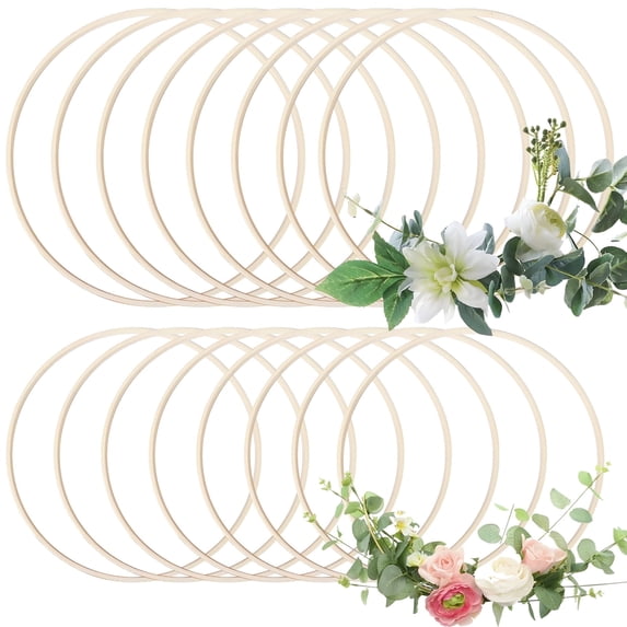 16 Pack Wooden Wreath Hoops for Crafts - 10 & 12 Inch Bamboo Rings for DIY Flower Arrangements, Dream Catchers, Wedding & Wall Decor