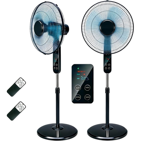 16" Pedestal Fan - 2 Pack, with LED Display & Thermometer - With Remote Control, 3 Speeds, 3 Wind Modes, 8H Timer, Standing Fan for Bedroom, Living Room, Office.