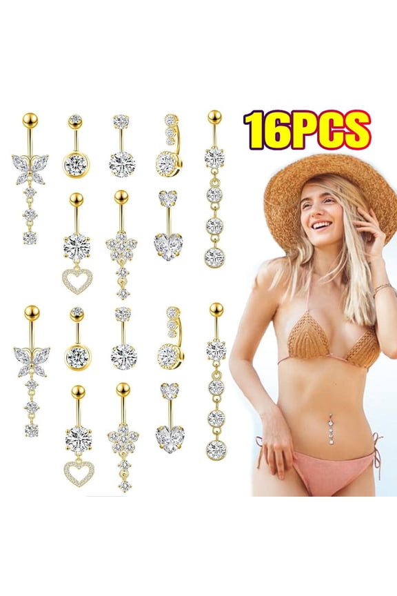 16 Piece 14 G Surgical Steel Gold Belly Button Ring Set - Hypoallergenic Navel Jewelry with Sparkling Crystals & Flowers, Adorable Dangle Piercings for Women