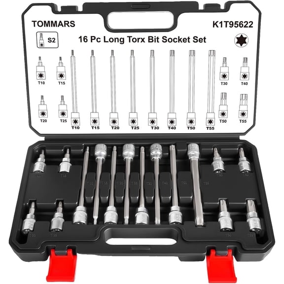 16-Piece 3/8" Drive, 8 Torx Bit Star Socket Set, T10-T55, 8 Long Torx Bit Star Socket Set, T10-T55, S2 Alloy Steel