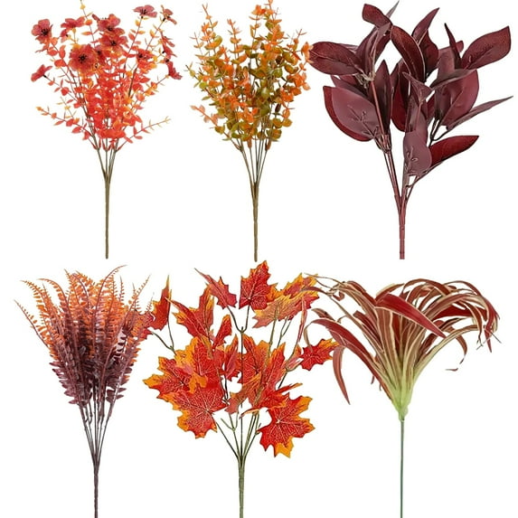 16-Piece Artificial Fall Flower Set - 6 Style Mix With Mums, Ferns & Orange Picks For Outdoor/Indoor Autumn Decor