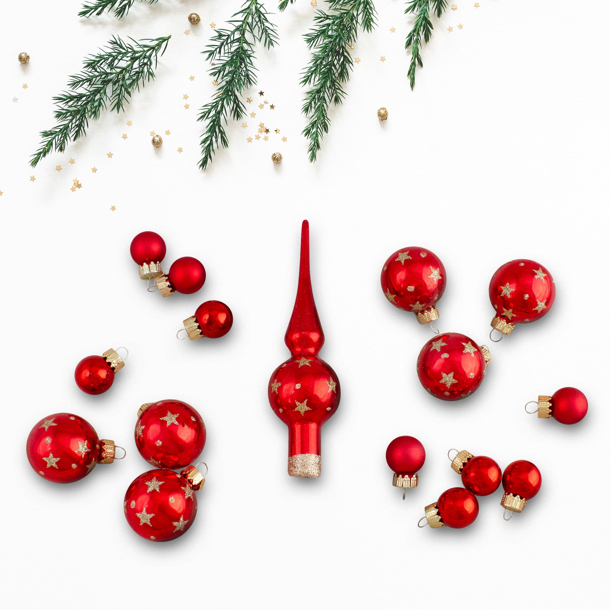 16-Piece Assorted Glass Christmas Ball Ornaments with Tree Topper - Red