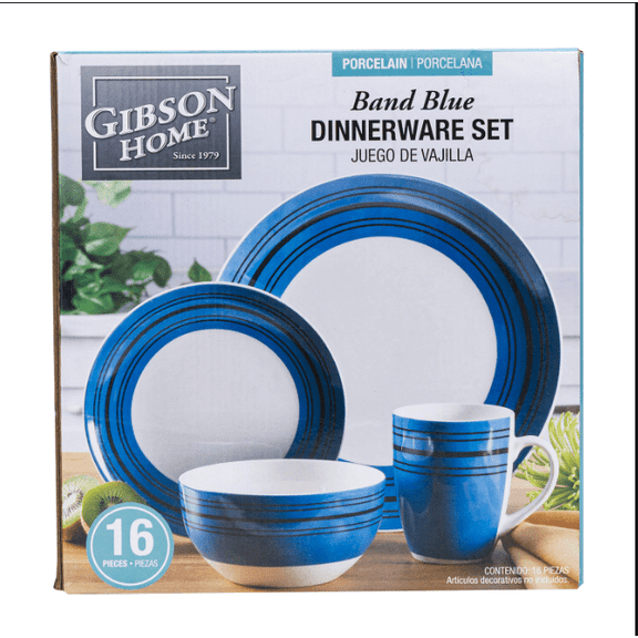 16-Piece Band Blue Dinnerware Set  Plates, Bowls & Mugs for 4 | Durable Stoneware | Elegant Design