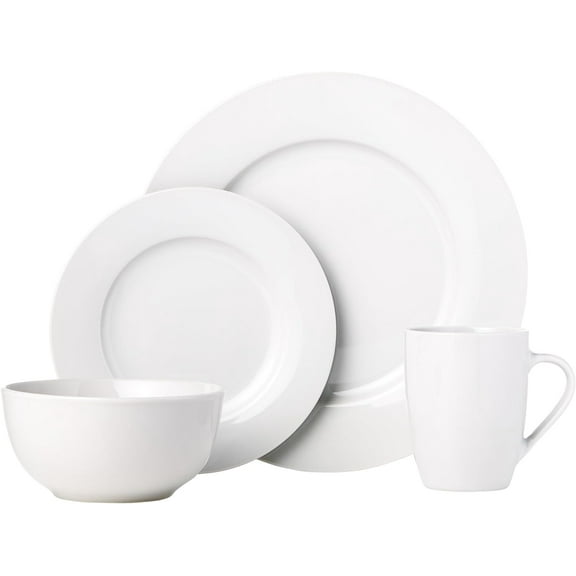16-Piece Basics Porcelain Dinnerware Set for 4, White Plates, Bowls & Mugs, Complete Kitchen Tableware, Microwave & Dishwasher Safe