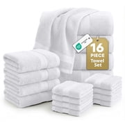 LANE LINEN 100% Cotton Towel Set of 16 - Smart & Durable Choice, Superior Absorbency for Everyday Bath - White