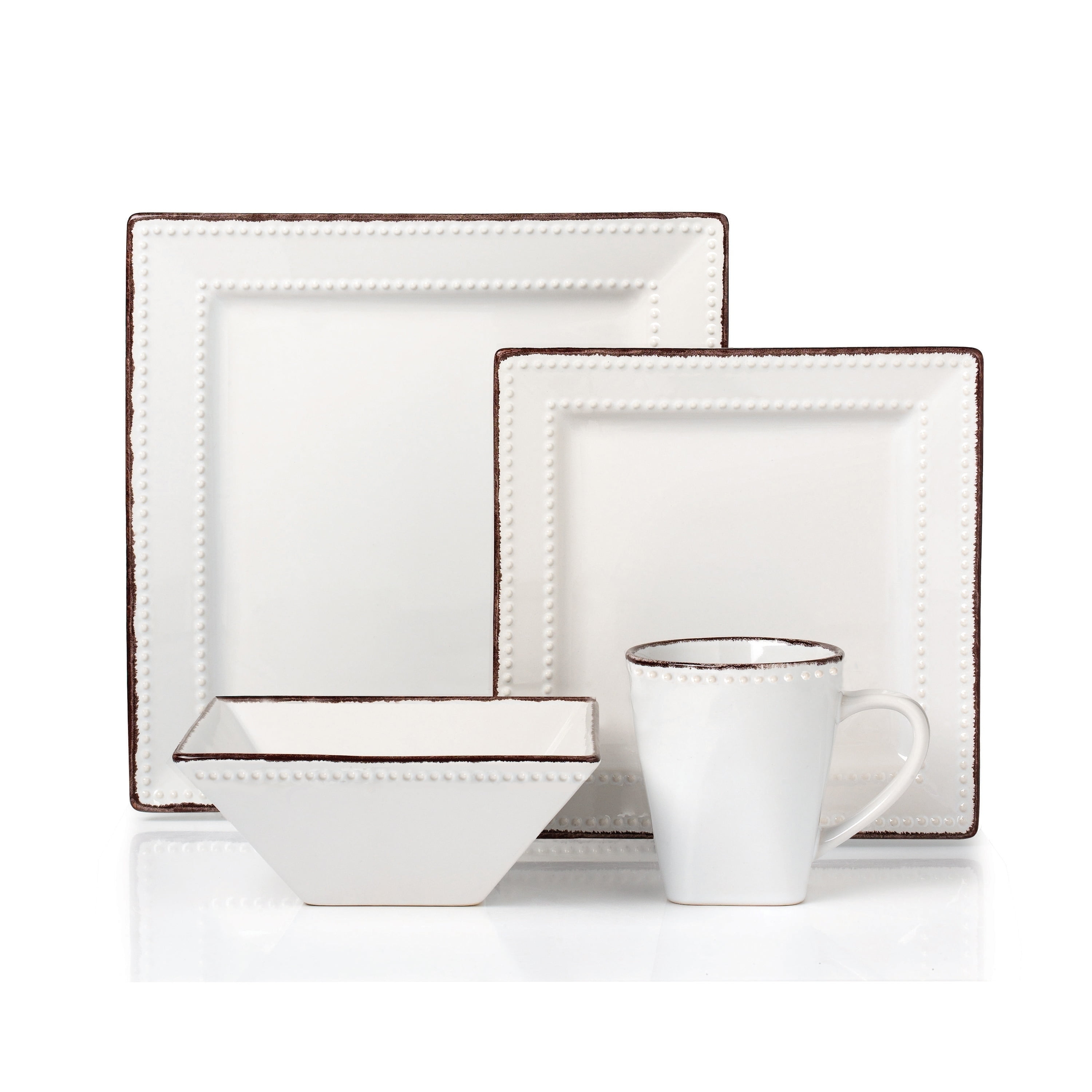 White Square Beaded Ceramic Dinnerware Set, Service for 4