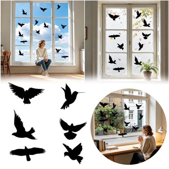 16-Piece Bird Silhouette Window Decals Anti-Collision Glass Safety Stickers for Screen Doors, Windows & Sliding Glass Doors, Prevent Birds from Striking Glass, Protect Kids & Pet