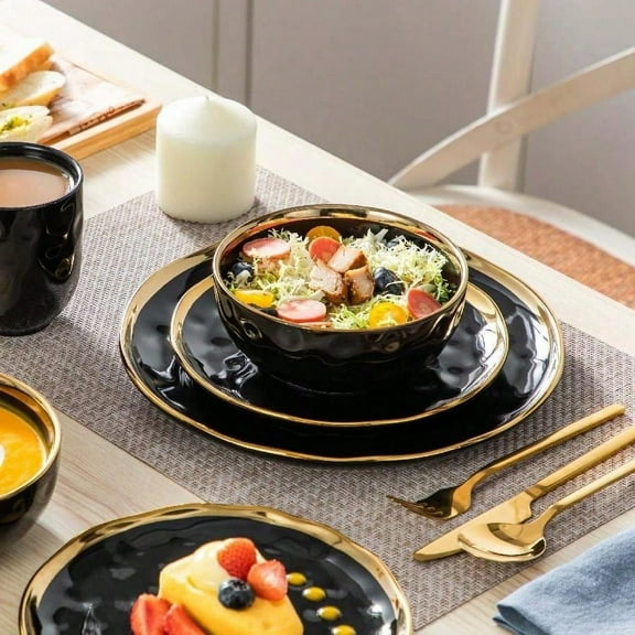 16-Piece Black Dinnerware Set with Gold Trim - Stoneware Plates, Bowls & Mugs for 4 - Elegant Round Dinner Plates , Salad Plates, Soup Bowls & Coffee Cups - Dishwasher & Microwave Safe
