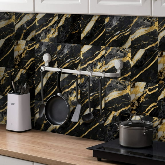 16 Piece Black Gray Gold Tile Stickers PVC Backsplash 8" x 8" Marbling Wall Decals DIY Decor Kitchen Peel and Stick Waterproof Tile