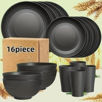 16-Piece Black Kitchen Plastic Wheatgrass Cutlery Set Large Size Sturdy Modern Cutlery Set - Dinner Plates Dessert Plates Cereal Bowls Cups