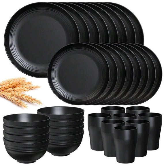 16-Piece Black Kitchen Plastic Wheatgrass Cutlery Set Large Size Sturdy Modern Cutlery Set - Dinner Plates Dessert Plates Cereal Bowls Cups