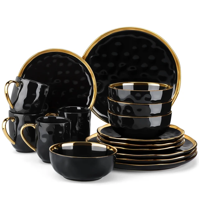 16 Piece Black Porcelain Dinnerware Set with Gold Trim Elegant Dinner