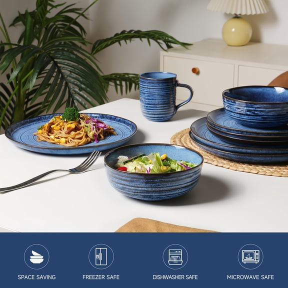 16-Piece Blue Threaded Ceramic Dinnerware Set - 4-Person Valentine's Wedding Gift