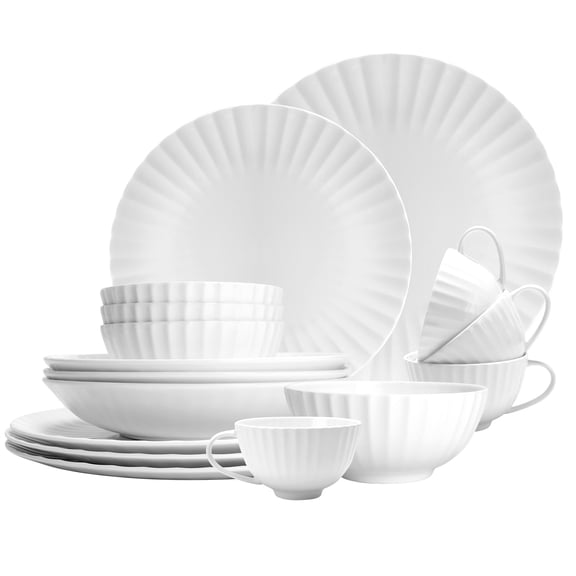 16-Piece Bone China Dinnerware Set for 4, White Embossed Plates and Bowls, Textured Pattern, Durable, Microwave and Dishwasher Safe