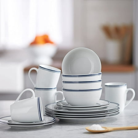 16-Piece Cafe Stripe Kitchen Dinnerware Set, Plates, Bowls, Mugs, Service for 4, Blue