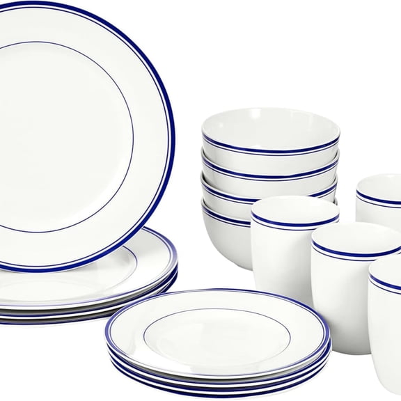 16-Piece Cafe Stripe Kitchen Dinnerware Set, Plates, Bowls, Mugs, Service for 4, Blue