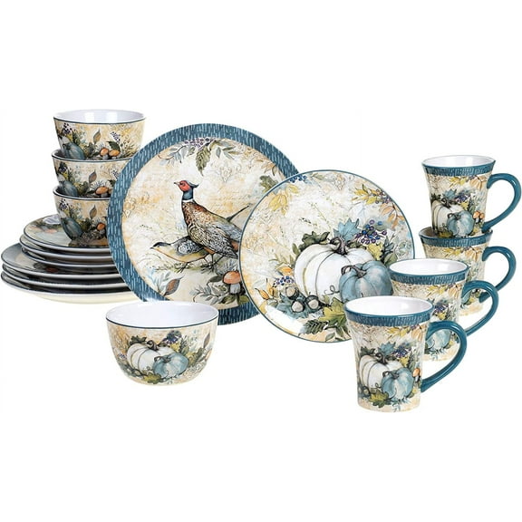 16-Piece Ceramic Dinnerware Set, Service for 4 Multicolor Fall Plates, Bowls & Mugs with Pumpkin & Pheasant Design Autumn Tableware for Thanksgiving, Cabin & Holiday Hosting