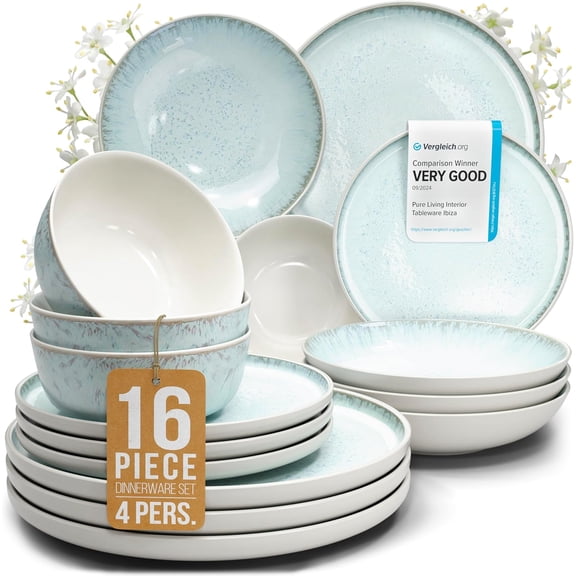 16-Piece Ceramic Dinnerware Set for 4  Microwave- and Dishwasher-Safe Stoneware Bowls and Plates in Beige and Light Blue