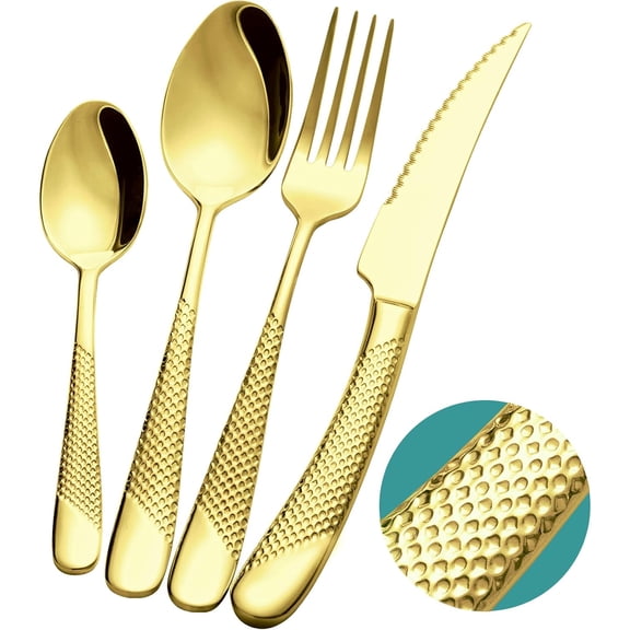 16-Piece Champagne Gold Hammered Stainless Steel Flatware Set for 4 People