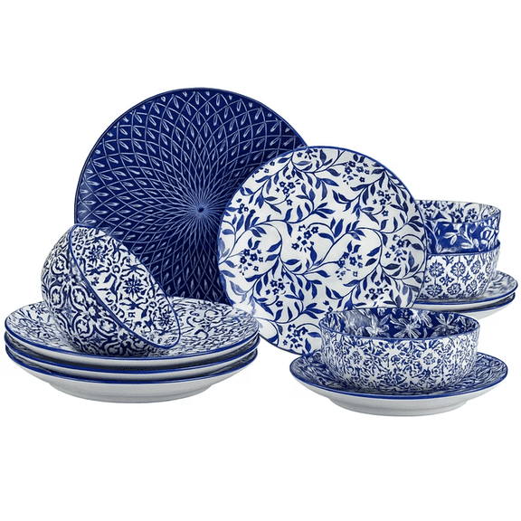 ComfyCreations 16-Piece Porcelain Dinnerware Set, Service for 4, Blue and White Mixed Pattern