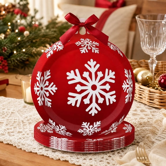 16-Piece Christmas Ball Shaped Paper Plates, 7 Inch Disposable Holiday Party Plates for Xmas Dinner Supplies and Festive Table Decor.