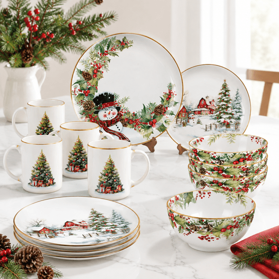 16-Piece Christmas Tree Holiday Dinnerware Set, Service For 4