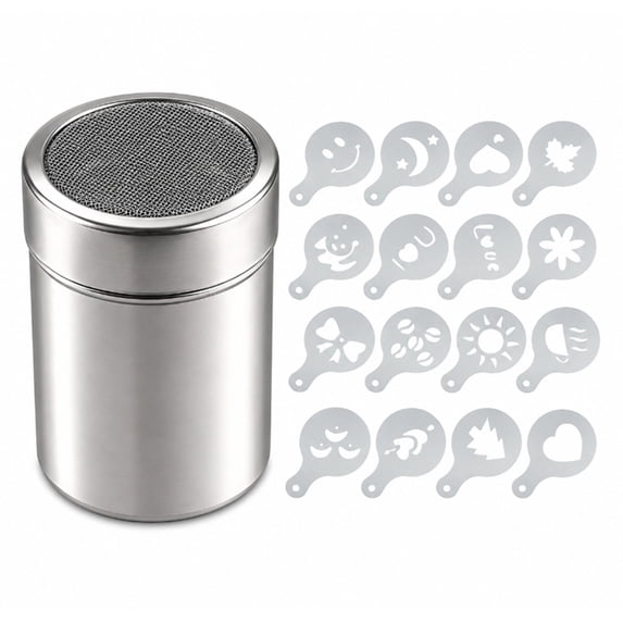 16 Piece Coffee Stencil Set with Stainless Steel Powder Shakers for Latte, Cappuccino and Cupcake Decoration, TIKA