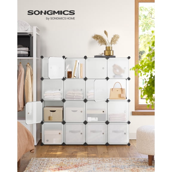 16-Piece Cube Storage Organizer, Modular Plastic Closet Shelves with Doors & Anti-Tip Kit, DIY Bookcase for Bedroom Living Room, White