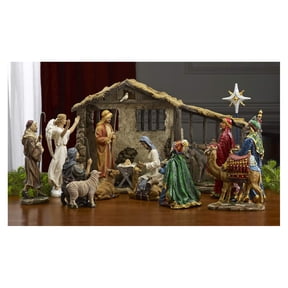 Three Kings Gifts 16-Piece Nativity Scene Set, 10 inch Scale - With Holy Family, Wise Men, Shepherds, Angel, Gold Trunk
