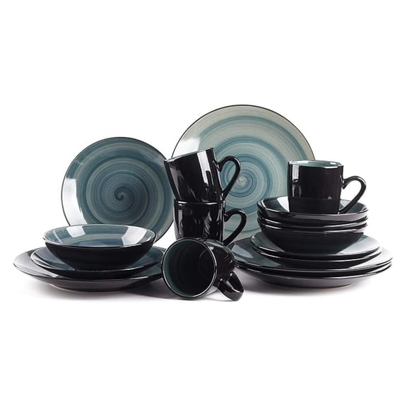 16 Piece Dinner Set, Outside Black + inside Handpainted Color Blue